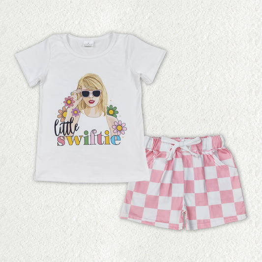 GSSO1428 Short Sleeve Top Checkered Shorts Clothes Sets