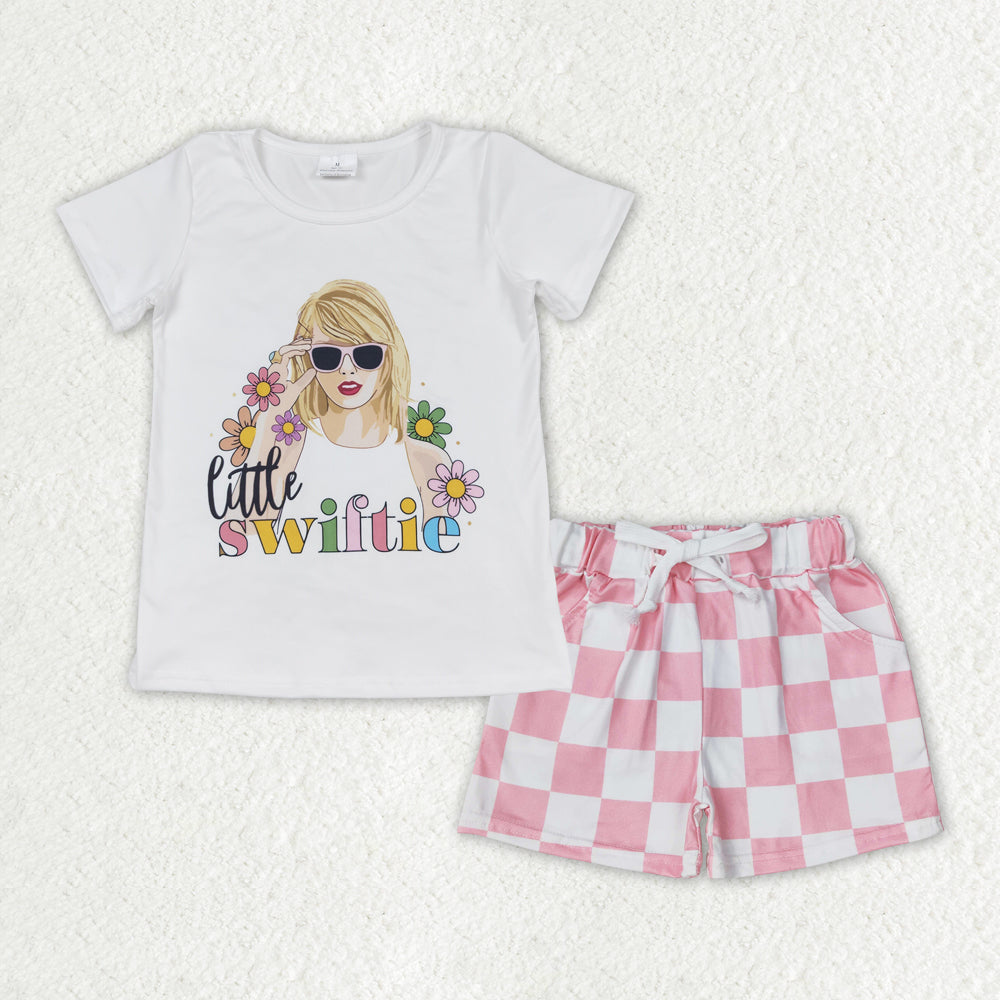 GSSO1428 Short Sleeve Top Checkered Shorts Clothes Sets