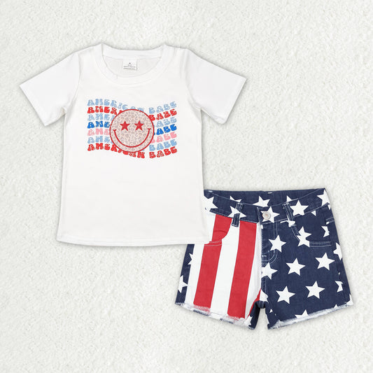 GSSO1439 Baby Girls American Babe Shirt Top Star Stripes Denim Shorts Clothes Sets