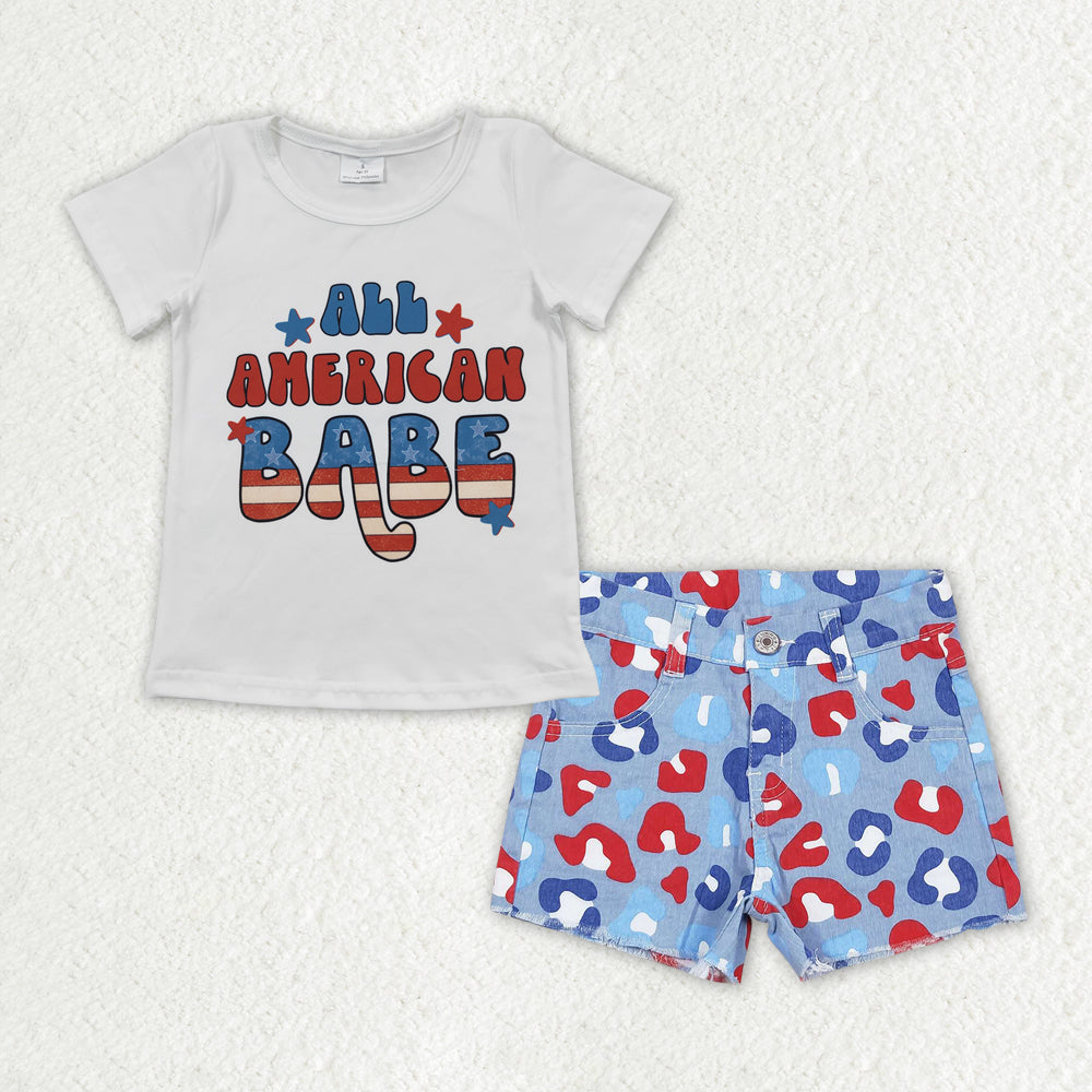 GSSO1440 Baby Girls All American Babe Shirt Top Leopard Denim Shorts Clothes Sets