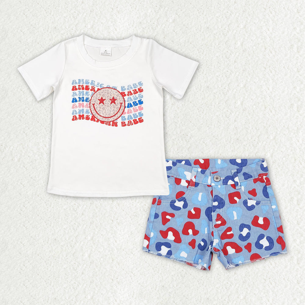 GSSO1441 Baby Girls American Babe Shirt Top Leopard Denim Shorts Clothes Sets