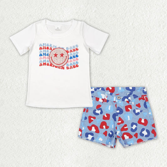 GSSO1441 Baby Girls American Babe Shirt Top Leopard Denim Shorts Clothes Sets