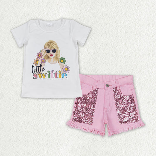 GSSO1445 Floral Short Sleeve Pink Sequin Denim Shorts Set