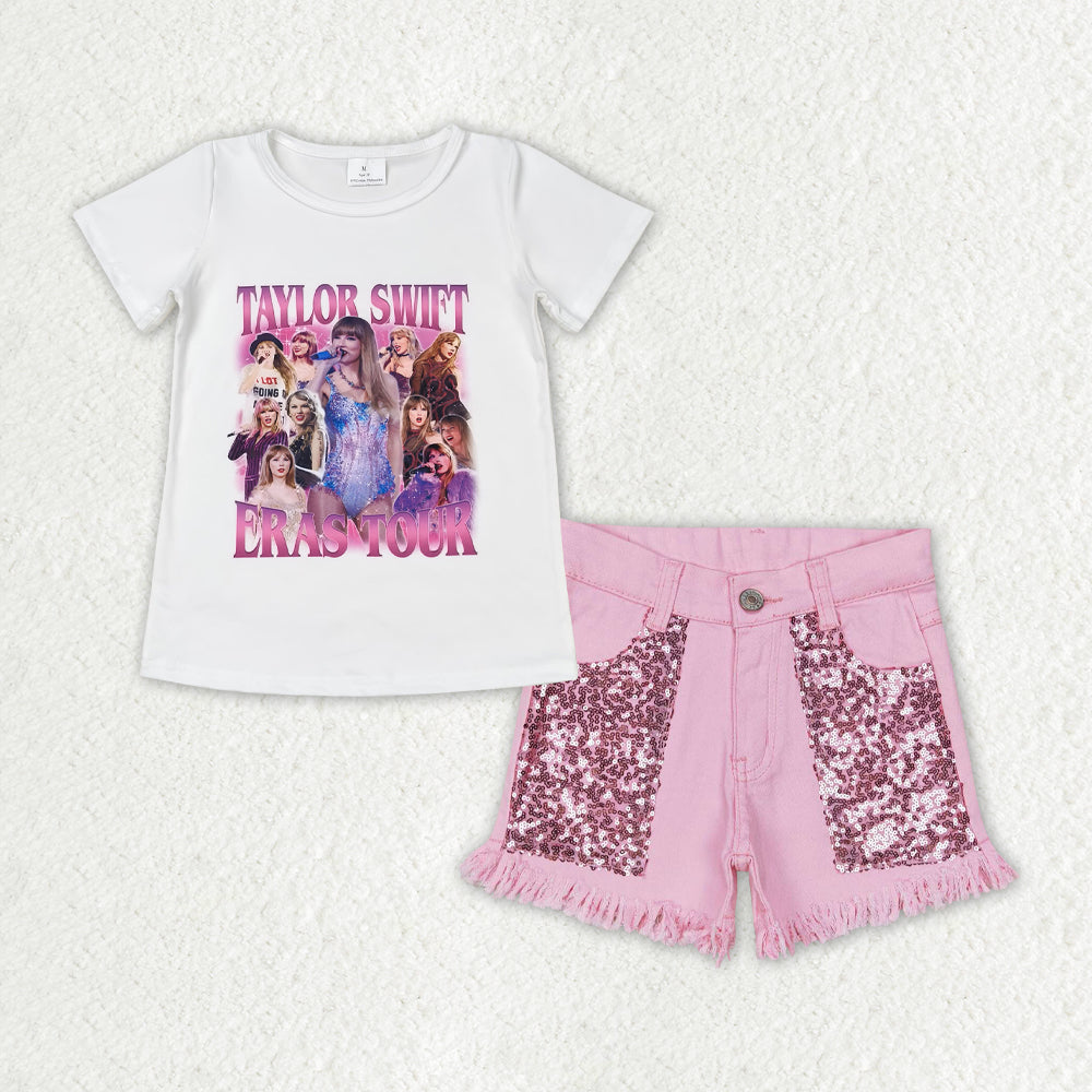 GSSO1446 White Short Sleeve Pink Sequin Denim Shorts Set