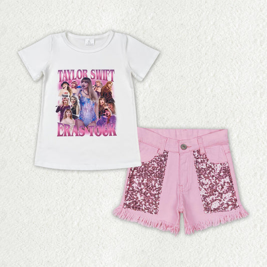 GSSO1446 White Short Sleeve Pink Sequin Denim Shorts Set