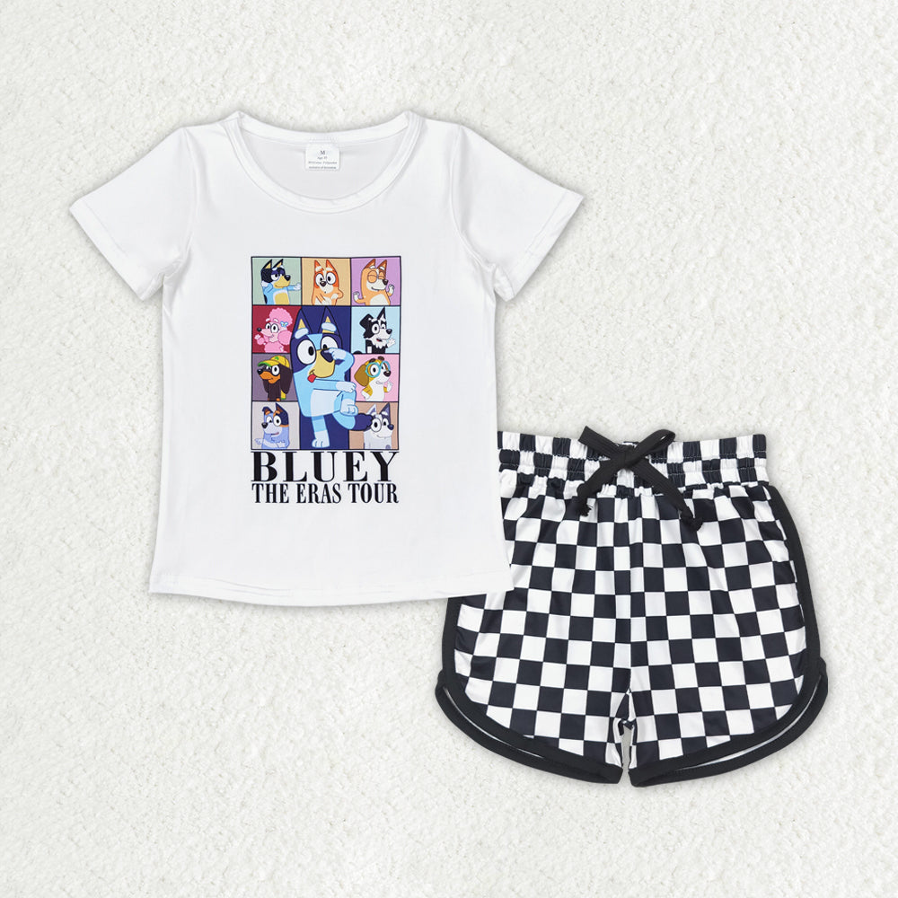 GSSO1447 Baby Girls Dog Short Sleeve Top Checkered Shorts Clothes Sets