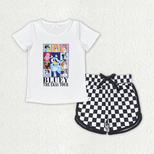 GSSO1447 Baby Girls Dog Short Sleeve Top Checkered Shorts Clothes Sets