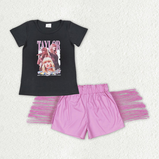 GSSO1450 Baby Girls Singer Black Shirts Tops Leather Pink Tassel Shorts Clothes Sets