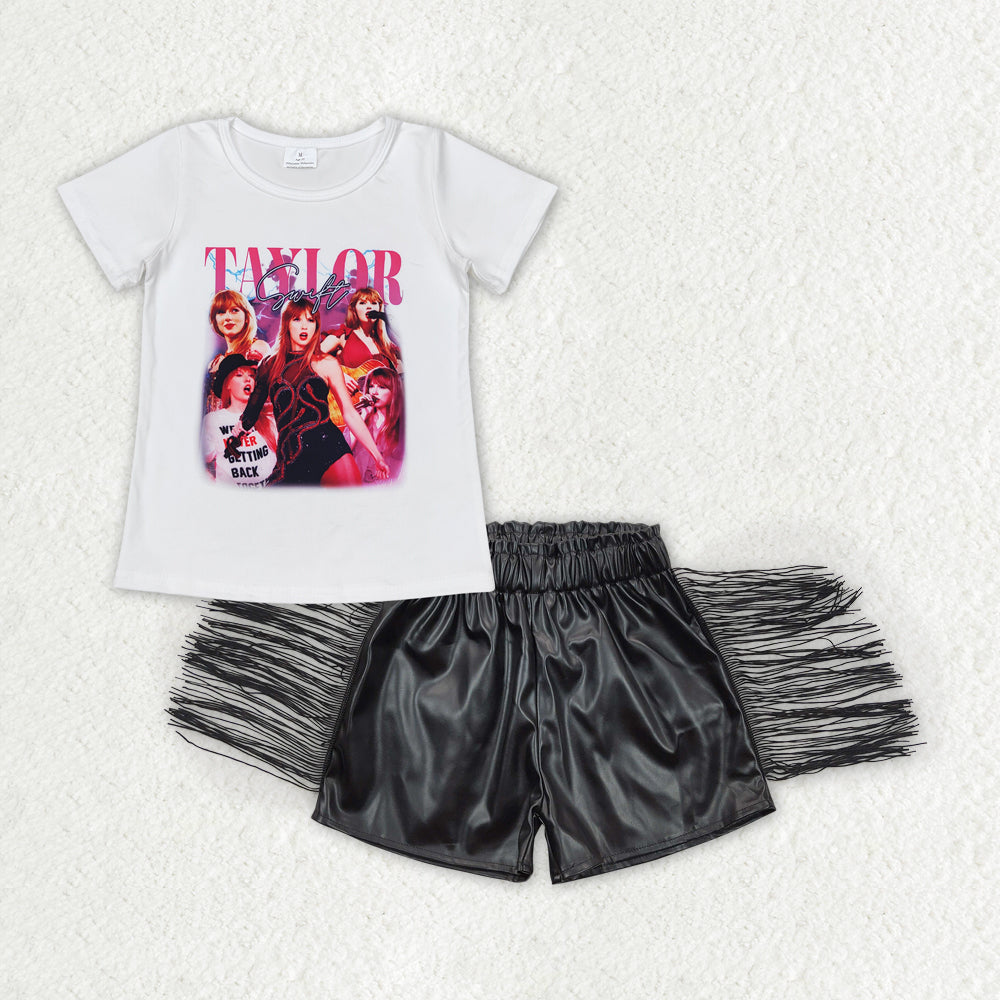 GSSO1451 Baby Girls White Shirts Tops Leather Black Tassel Shorts Clothes Sets