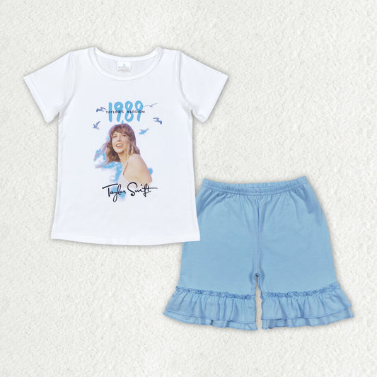 GSSO1453 Baby Girls 1989 Singer White Shirt Ruffle Shorts Clothes Sets