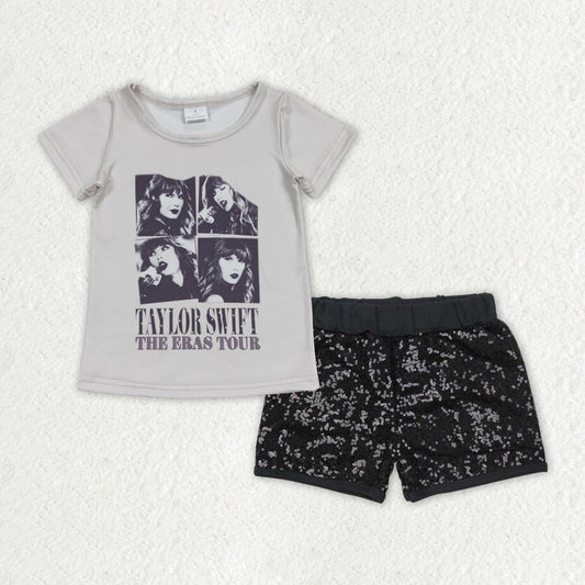 GSSO1454 Baby Girls Singer Grey Shirt Black Sequin Shorts Clothes Sets