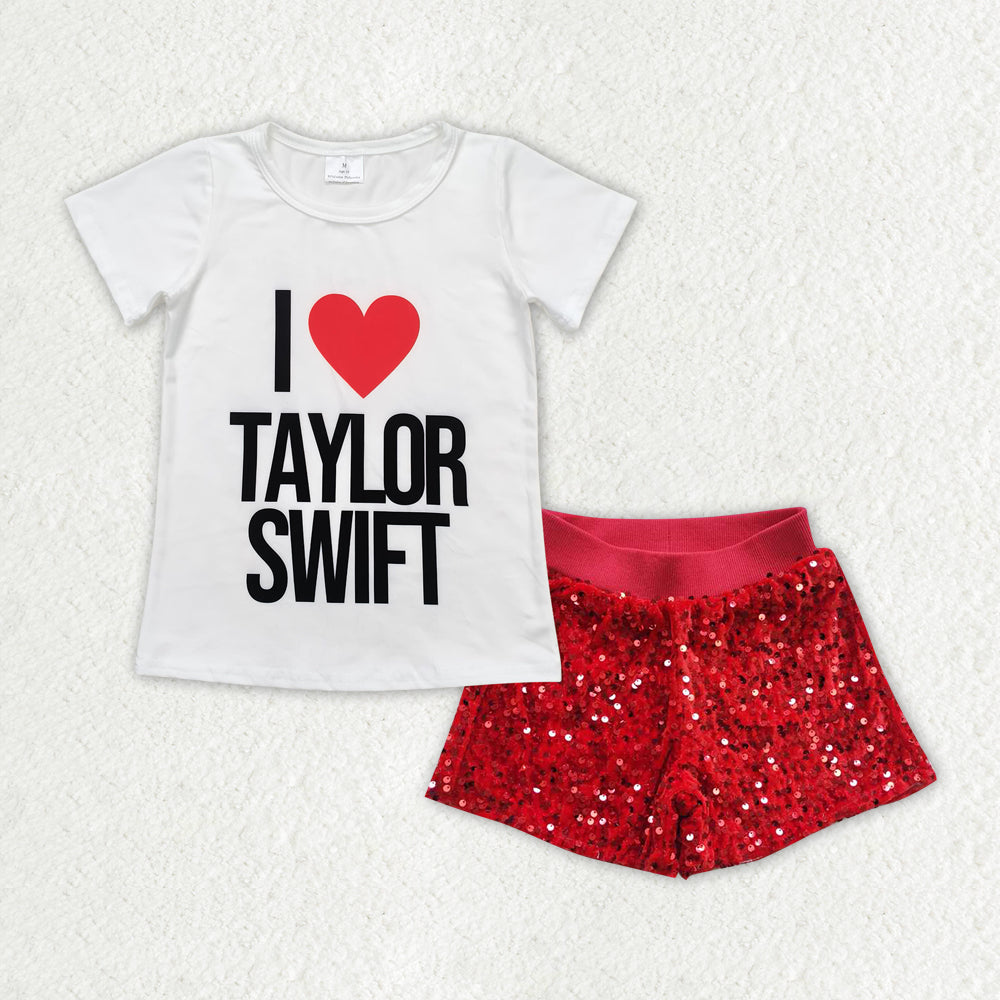 GSSO1456 Baby Girls Heart White Shirt Red Sequin Shorts Clothes Sets