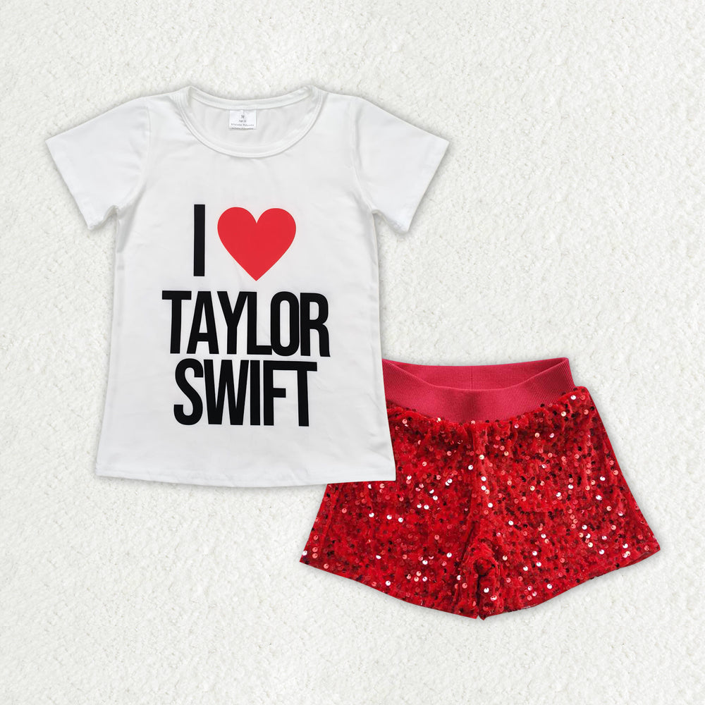 GSSO1456 Baby Girls Singer Heart White Shirt Red Sequin Shorts Clothes Sets
