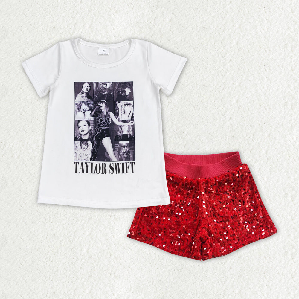 GSSO1457 Baby Girls Singer White Shirt Red Sequin Shorts Clothes Sets