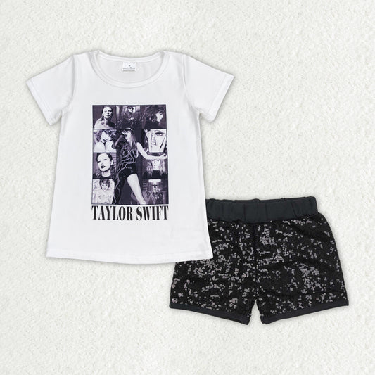GSSO1458 Baby Girls White Shirt Black Sequin Shorts Clothes Sets