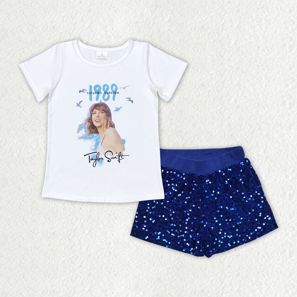GSSO1459 Baby Girls Singer White Shirt Blue Sequin Shorts Clothes Sets