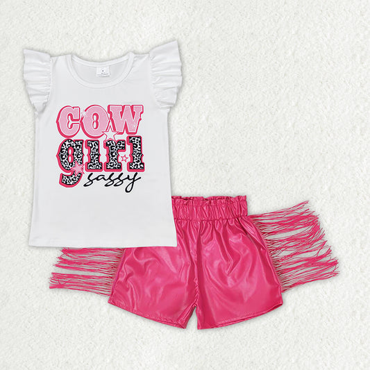 GSSO1460 Baby Girls Cowgirl Sassy Shirts Tops Leather Pink Tassel Shorts Clothes Sets