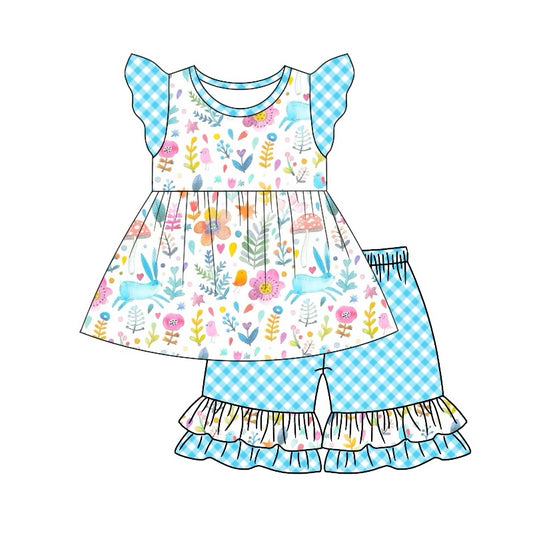 presale GSSO1462  Rabbit flower leaf blue plaid lace white flying sleeve shorts suit  2024 9.28