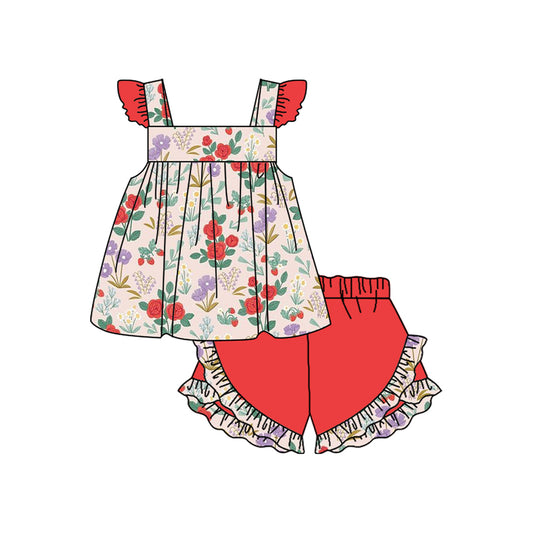presale GSSO1465 Flower and Leaf Red Lace Fly Sleeve Shorts Set 2024 10.8