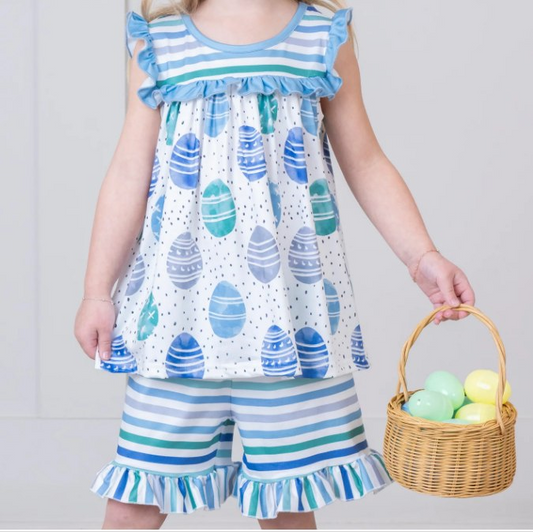 presale GSSO1467 Easter Egg Blue Lace Stripe Sleeveless Shorts Set 2024 10.10