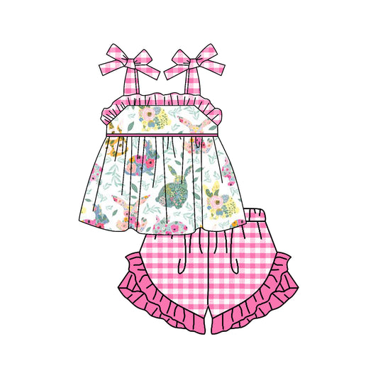presale GSSO1468 Easter Bunny Flower Leaf Rose Red Plaid Lace Suspender Shorts Set   2024 10.10