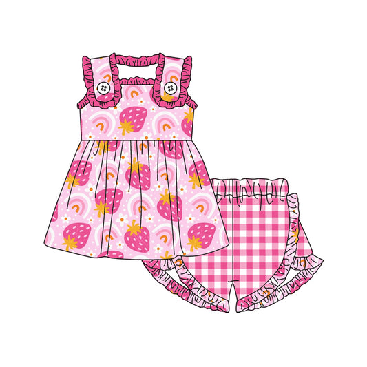 presale GSSO1473 Floral Rainbow Strawberry Pink Sleeveless Plaid Shorts Set 2024 10.11