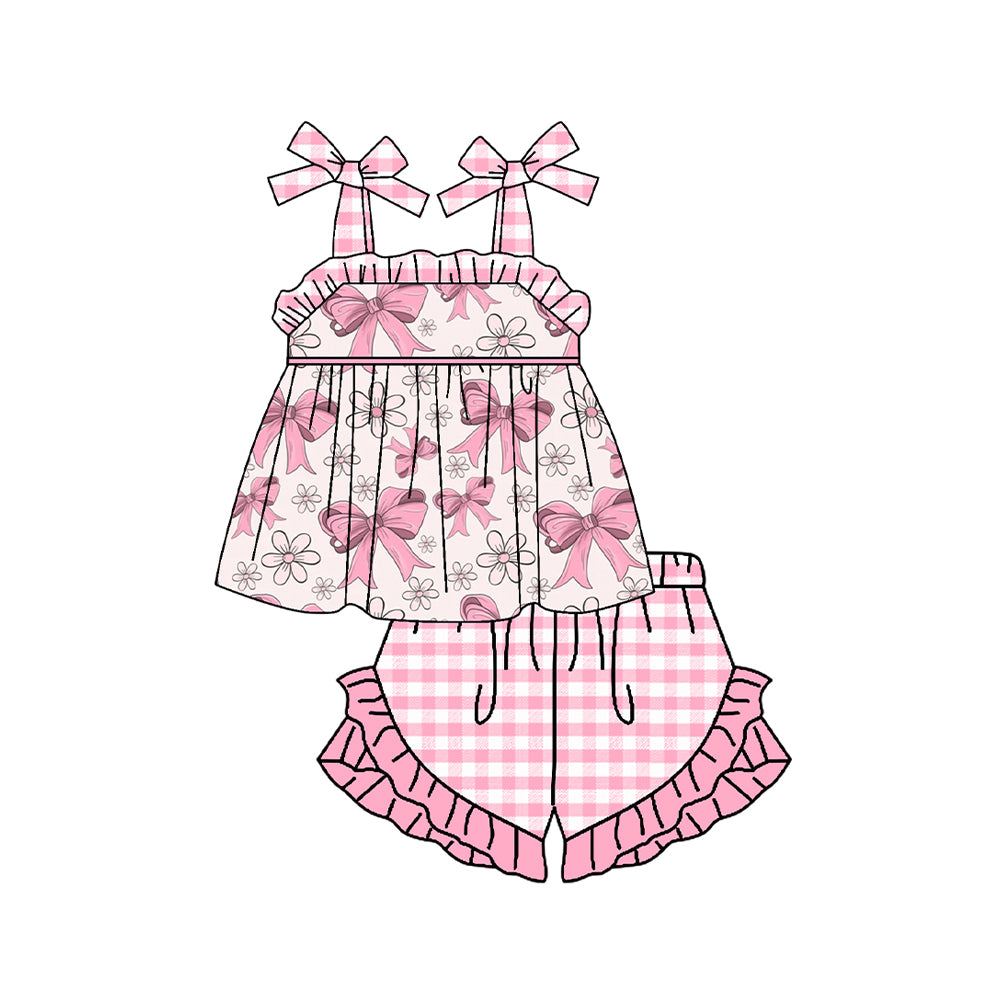 presale GSSO1474 Pink Plaid Lace Floral Bowknot Suspender Shorts Set 2024 10.11