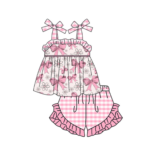 presale GSSO1474 Pink Plaid Lace Floral Bowknot Suspender Shorts Set 2024 10.11