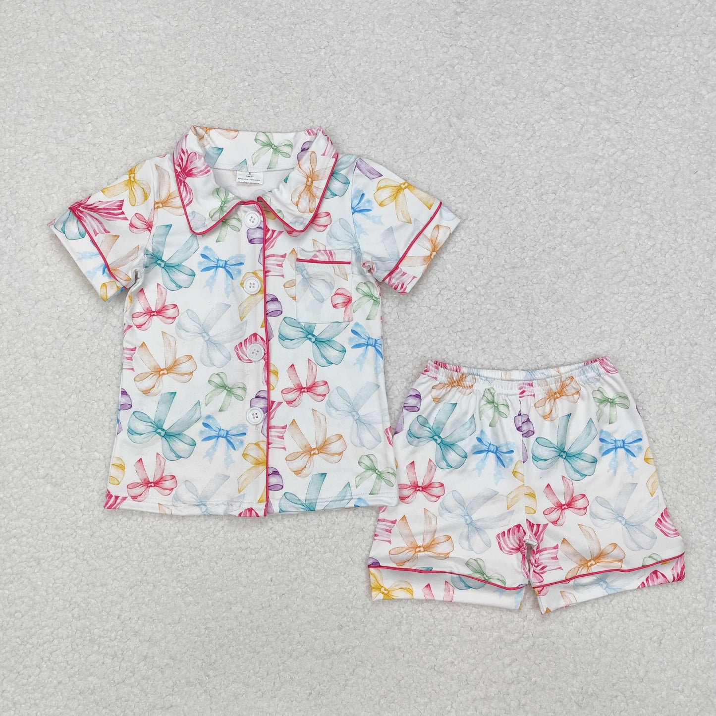 GSSO1478 White short-sleeved shorts pajama set with colorful bow pattern