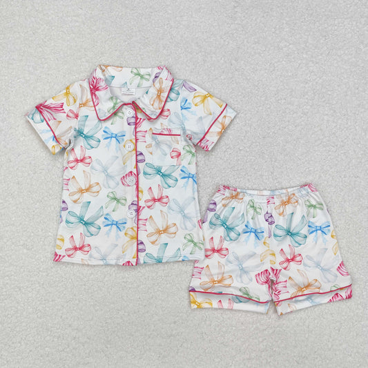 GSSO1478 White short-sleeved shorts pajama set with colorful bow pattern