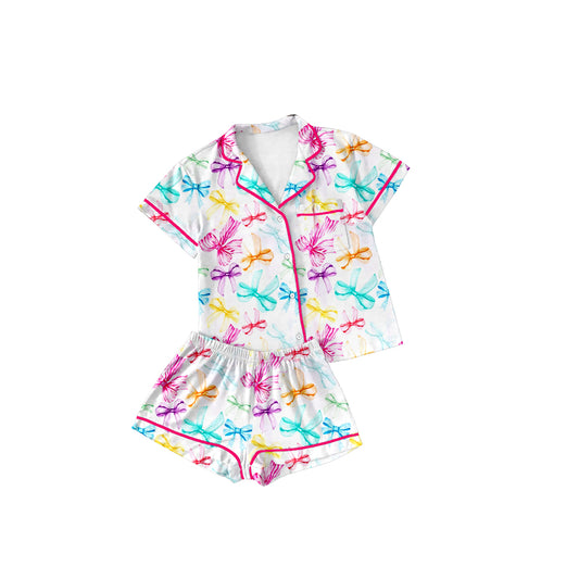 presale GSSO1479 Adult women's colorful bow pattern white short-sleeved shorts pajama set 2024 10.14