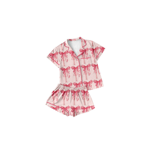 presale GSSO1480   Pink short-sleeved shorts pajama set with bow pattern 2024 10.17