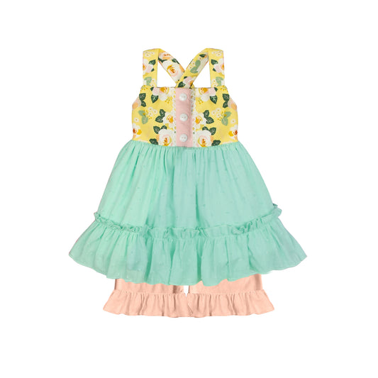presale GSSO1485 Baby Girls Yellow Flowers Straps Tunic Ruffle Shorts Clothes Sets  2024 10.18