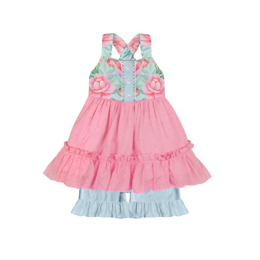 presale GSSO1486 Baby Girls Pink Flowers Straps Tunic Ruffle Shorts Clothes Sets 2024 10.18