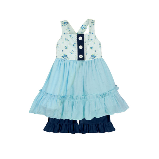 presale GSSO1487 Baby Girls Blue Flowers Straps Tunic Ruffle Shorts Clothes Sets 2024 10.18