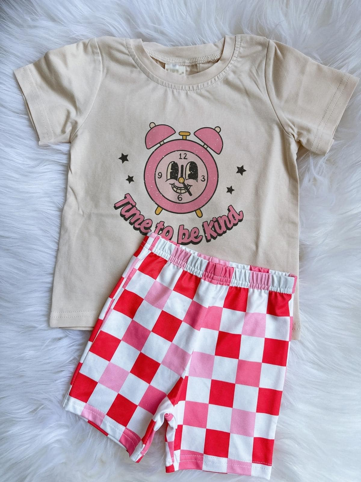 presale GSSO1489 Alarm Clock Short Sleeve Pink Plaid White Shorts Set  2024 10.18