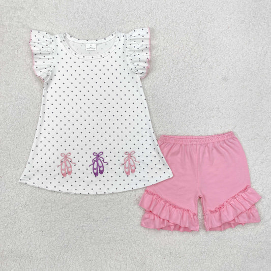 GSSO1504 Ballet Shoes Polka Dot White Fly Sleeves Pink Lace Shorts Set