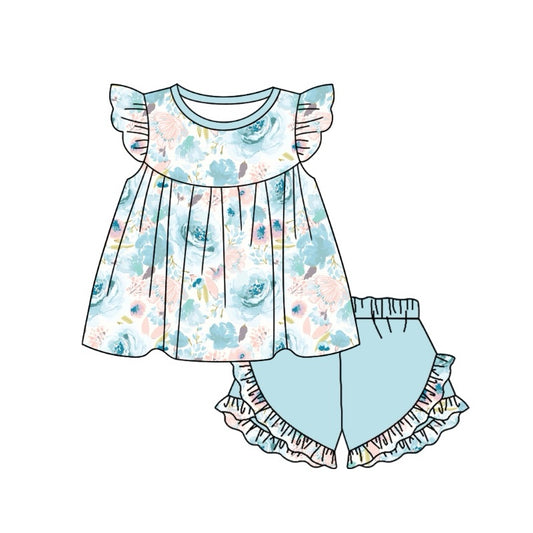 Presale GSSO1511 Light blue floral flying sleeve shorts set  2024 10.24