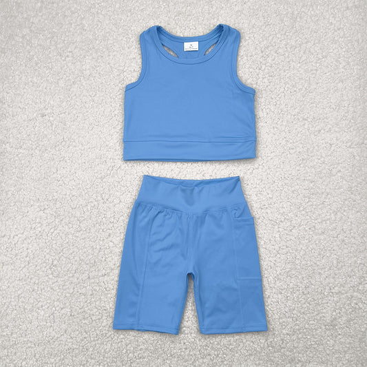 GSSO1515 Solid blue vest shorts yoga suit D 4.8