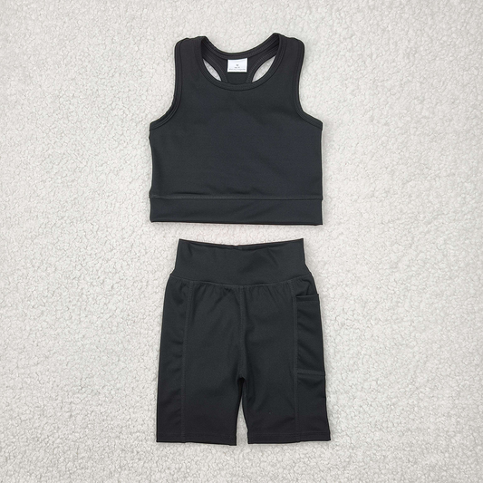 GSSO1517 Baby Girls Solid black vest shorts yoga suit D 4.12