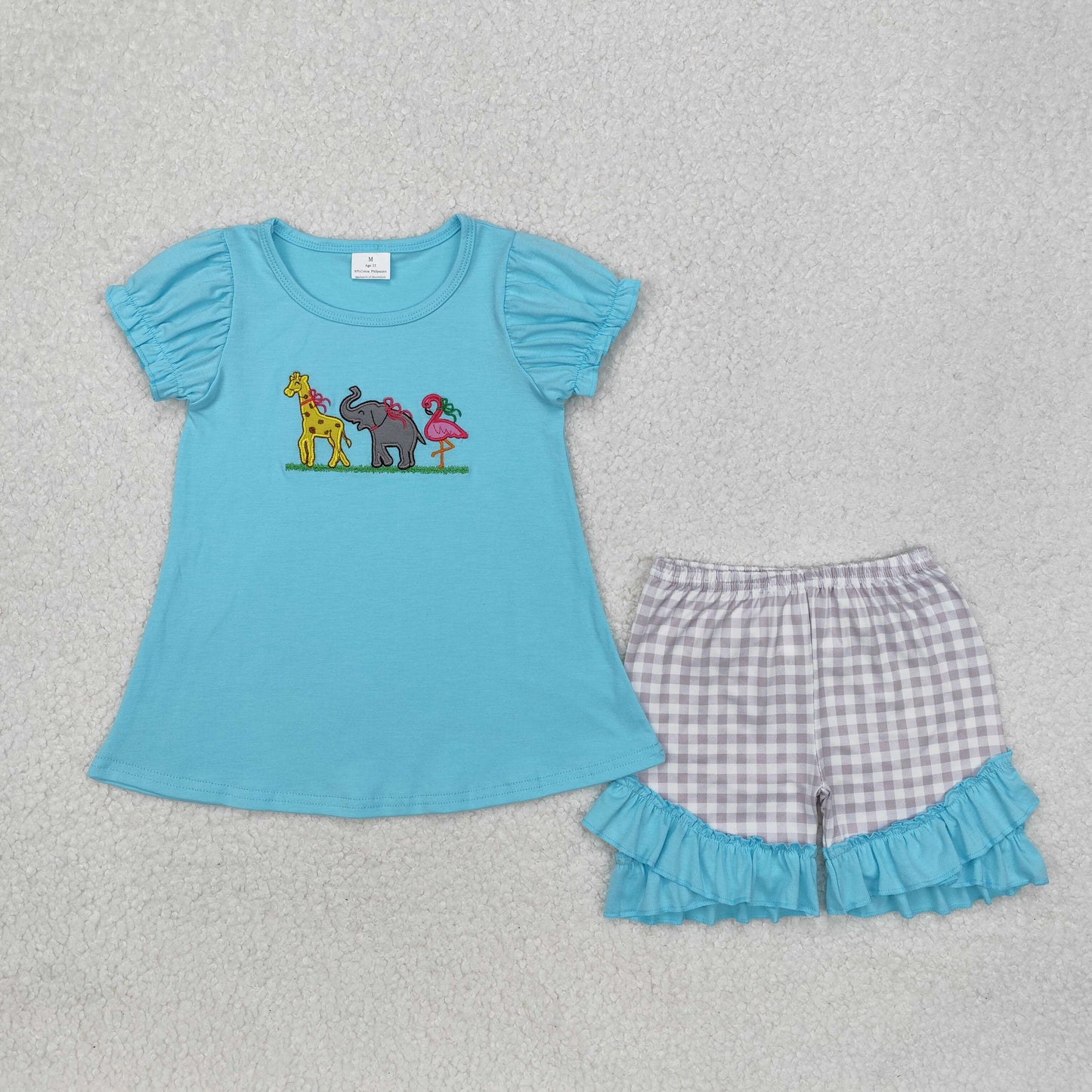 GSSO1520 Giraffe Elephant Bird Animal Blue Short Sleeve Gray Plaid Lace Shorts Suit