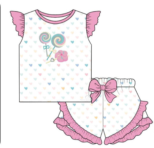 Presale GSSO1523 Lollipop Heart Pink and White Fly Sleeve Shorts Set 2024 10.25