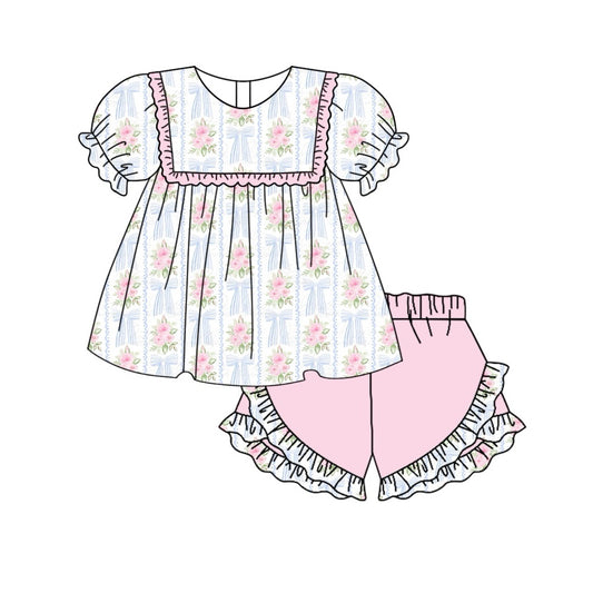 Presale GSSO1524 White short-sleeved shorts suit with flower, leaf and blue bow pattern 2024 10.25