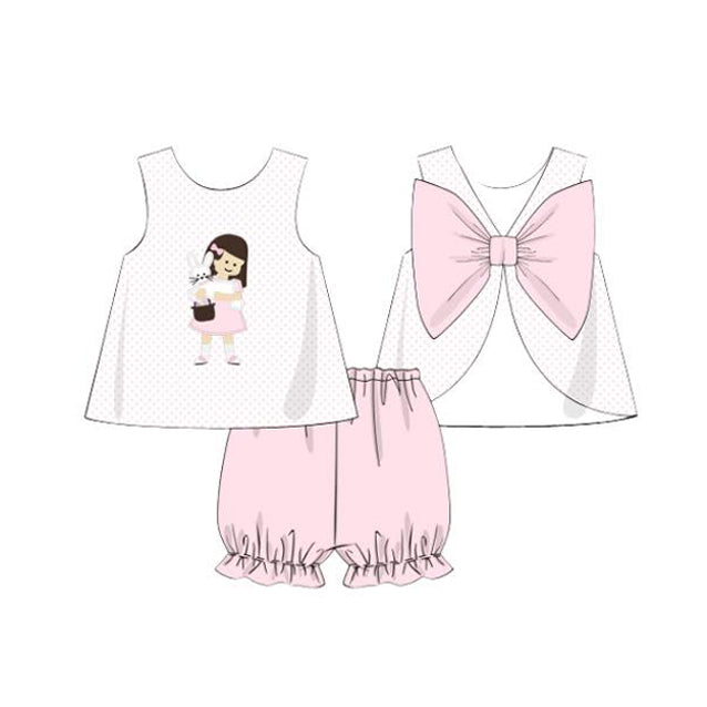 Presale GSSO1526 Girls Bunny Polka Dot Pink Bow White Sleeveless Shorts Set  2024 10.25