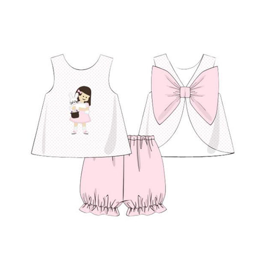Presale GSSO1526 Girls Bunny Polka Dot Pink Bow White Sleeveless Shorts Set 2024 10.25