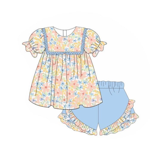 Presale GSSO1528  Powder blue floral lace short-sleeved shorts suit  2024 10.25