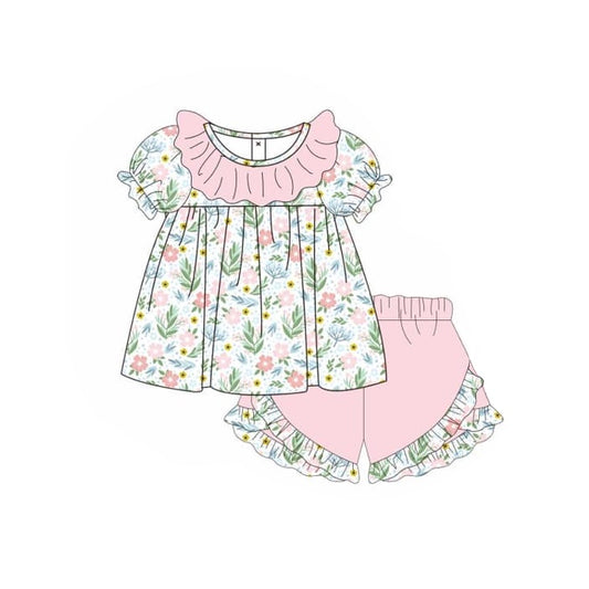 Presale GSSO1529 White short-sleeved shorts suit with pink lace and flowers and leaves  2024 10.25