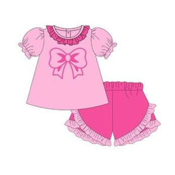 GSSO1531 Pink short-sleeved shorts suit with rose-red lace and bow pattern