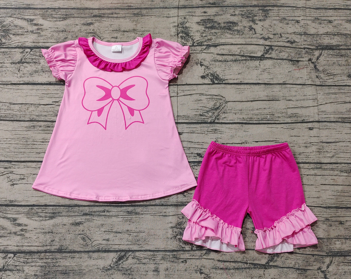 GSSO1531 Pink short-sleeved shorts suit with rose-red lace and bow pattern
