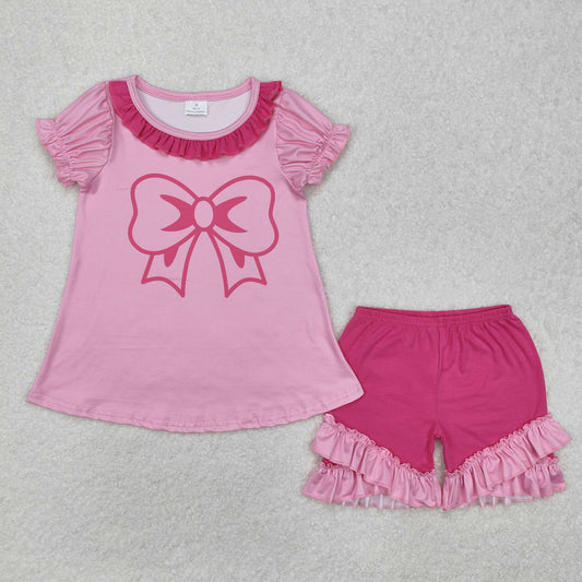 GSSO1531 Pink short-sleeved shorts suit with rose-red lace and bow pattern